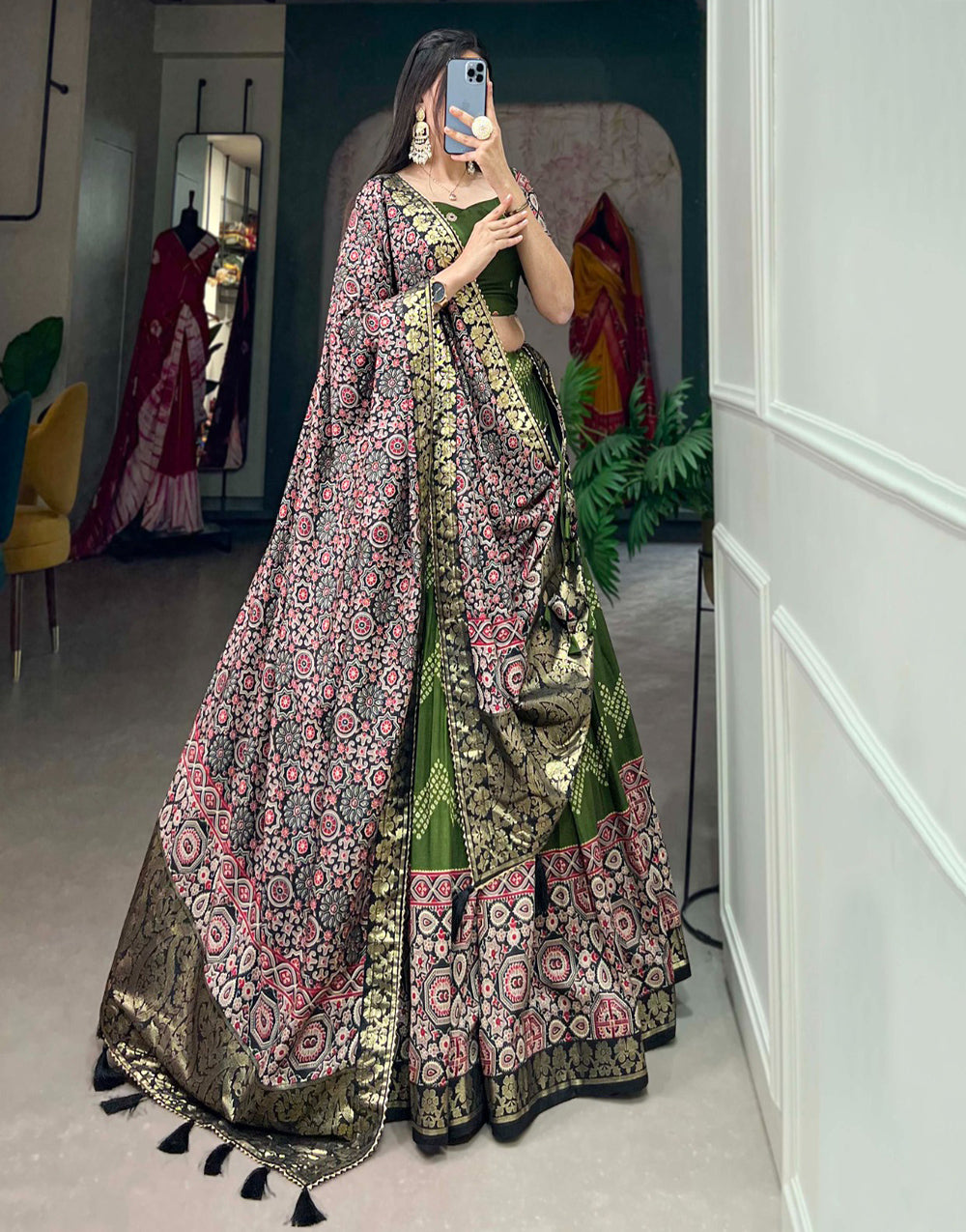 Forest Green Tussar Silk With Foil Printed Lehenga Choli