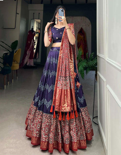 Royal Blue Tussar Silk With Foil Printed Lehenga Choli