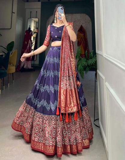 Royal Blue Tussar Silk With Foil Printed Lehenga Choli