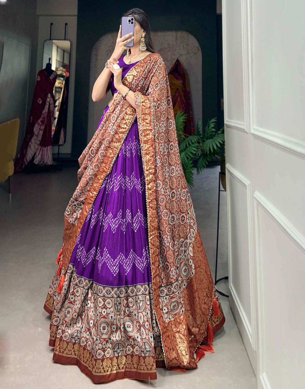 Violet Tussar Silk With Foil Printed Lehenga Choli