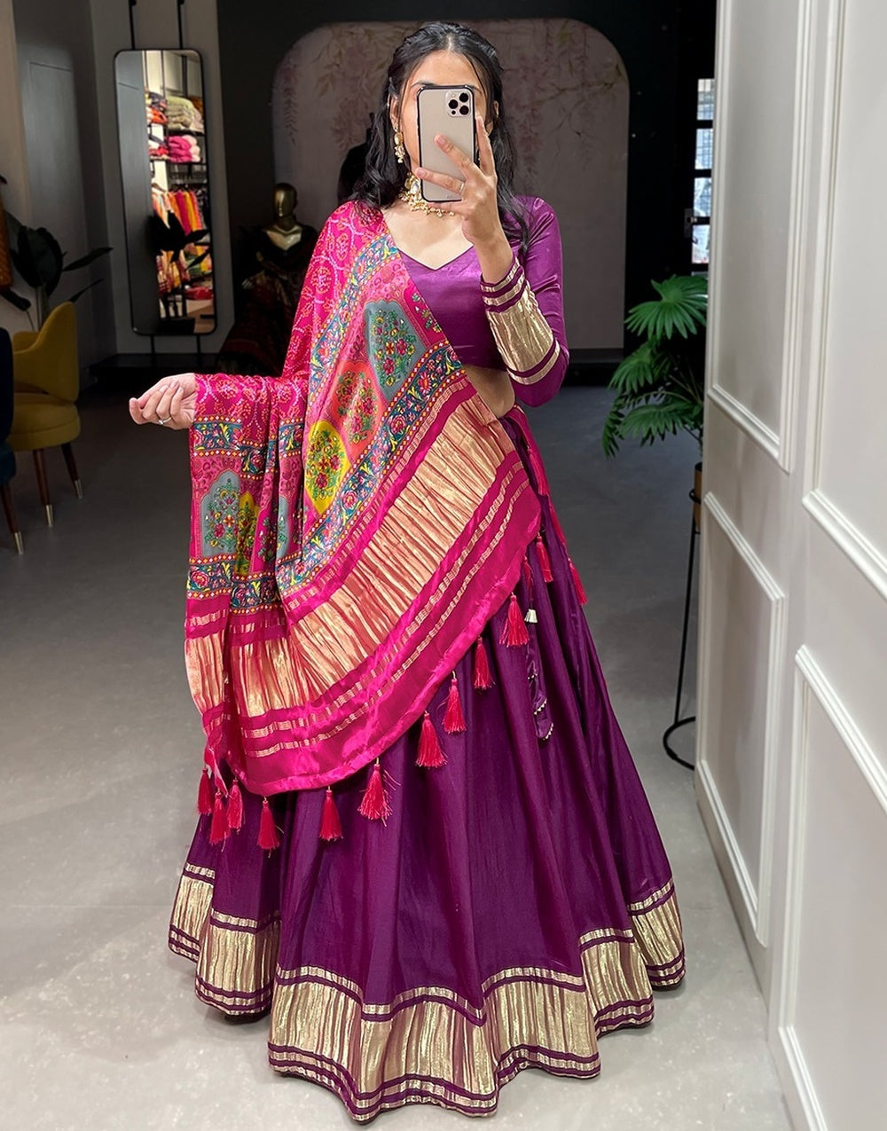 Wine Color Collared Blouse Pure Cotton Lehenga Choli With Lucknowi