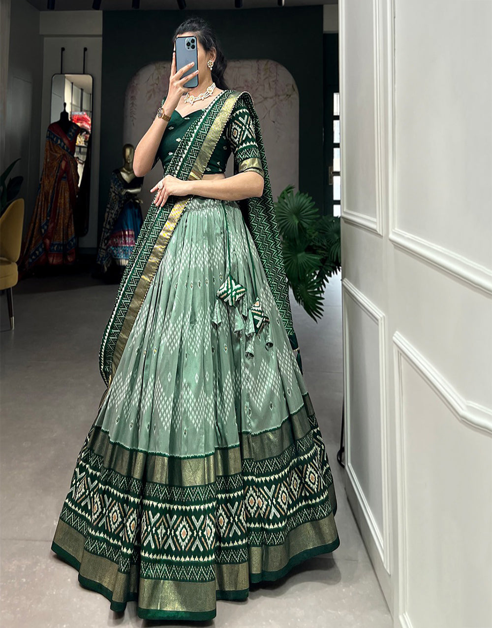 Green Tussar Silk With Printed Lehenga Choli