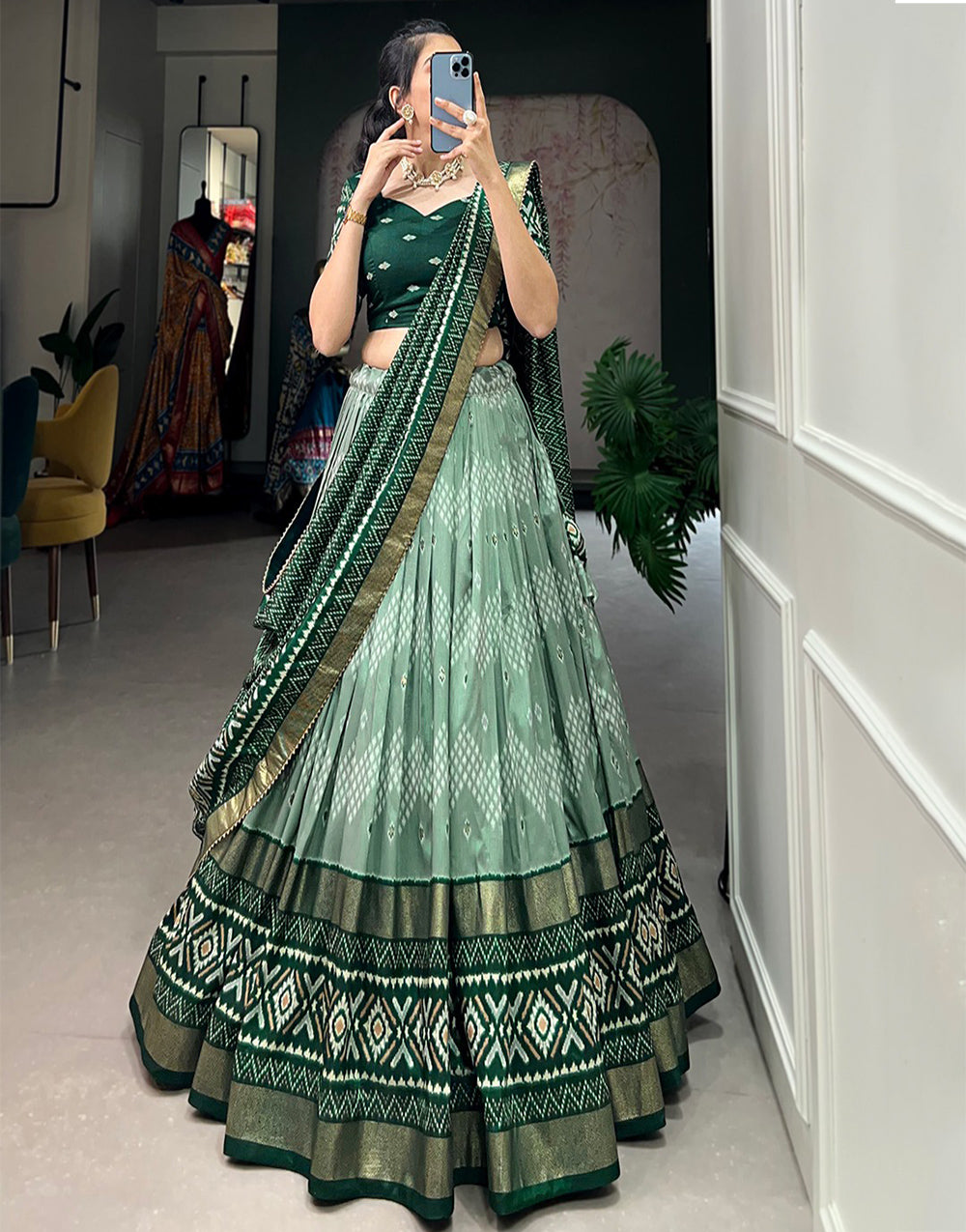 Green Tussar Silk With Printed Lehenga Choli