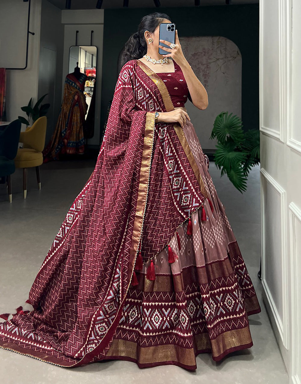 Maroon Tussar Silk With Printed Lehenga Choli