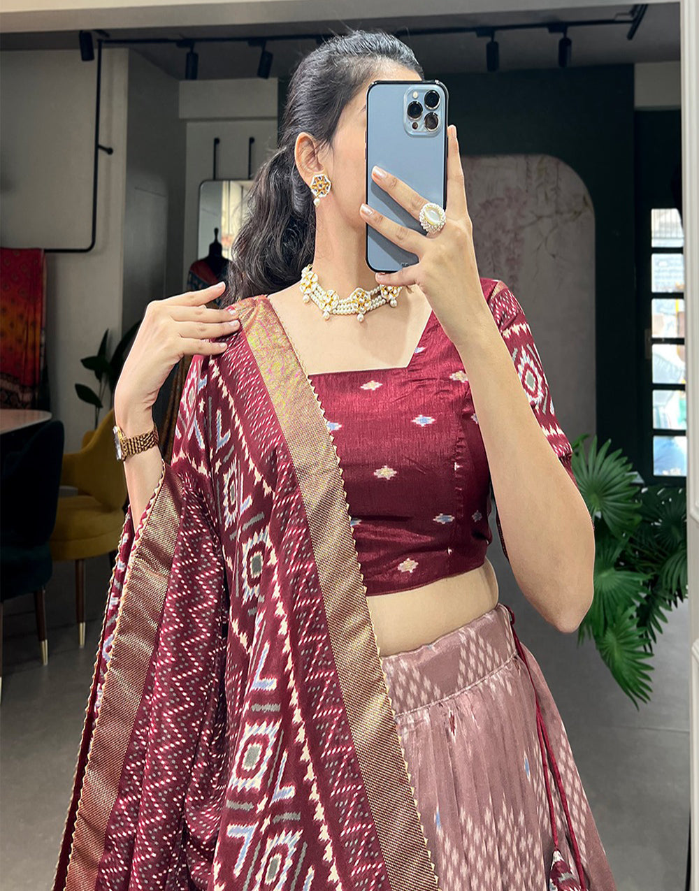 Maroon Tussar Silk With Printed Lehenga Choli