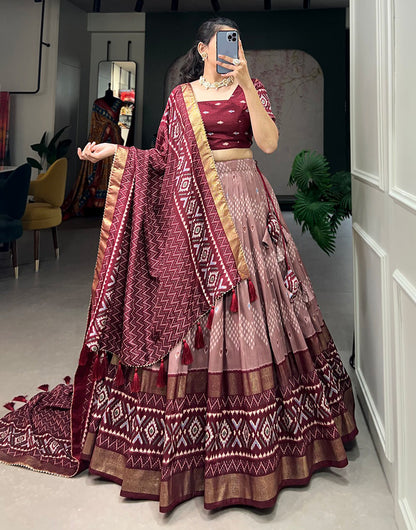 Maroon Tussar Silk With Printed Lehenga Choli