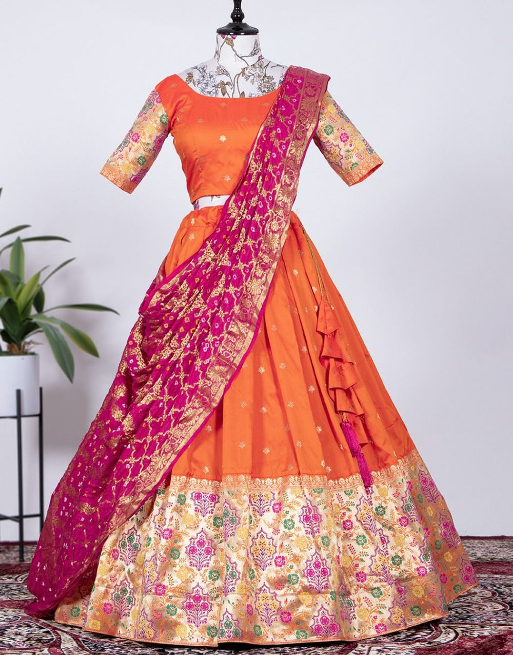 Orange & Pink Paithani With Zari Weaving Work Lehenga Choli