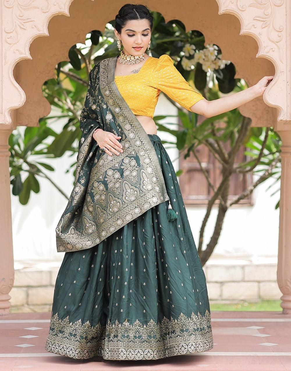 Green Chanderi Silk With Weaving & Dyeing Work Lehenga Choli