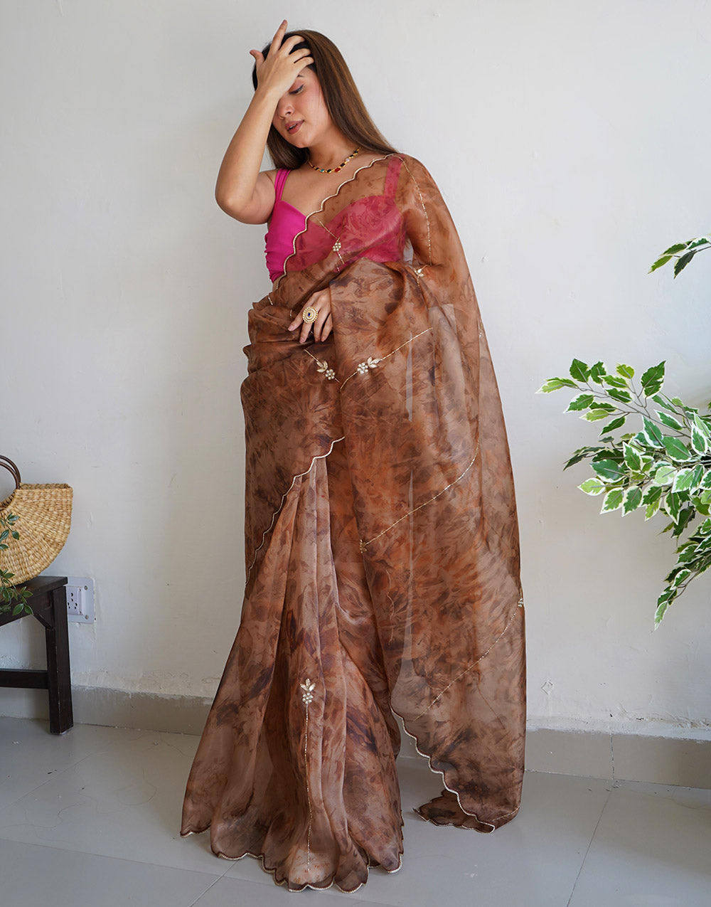 Brown Organza Digital Printed Saree With Handwork & Cut Work Border