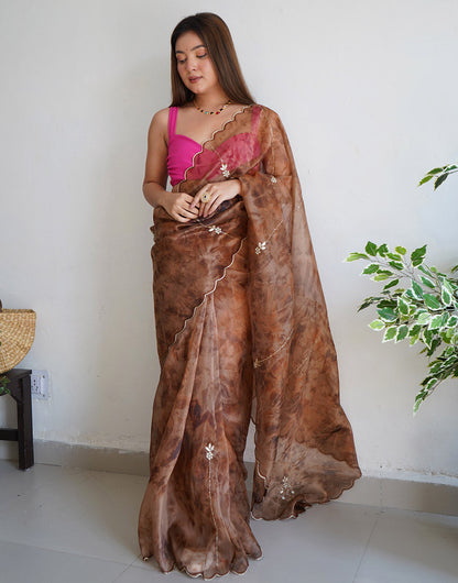 Brown Organza Digital Printed Saree With Handwork & Cut Work Border