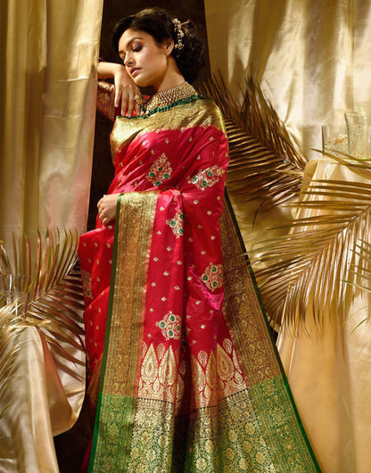 Cherry Red Banarasi Silk Saree With Zari Weaving Work