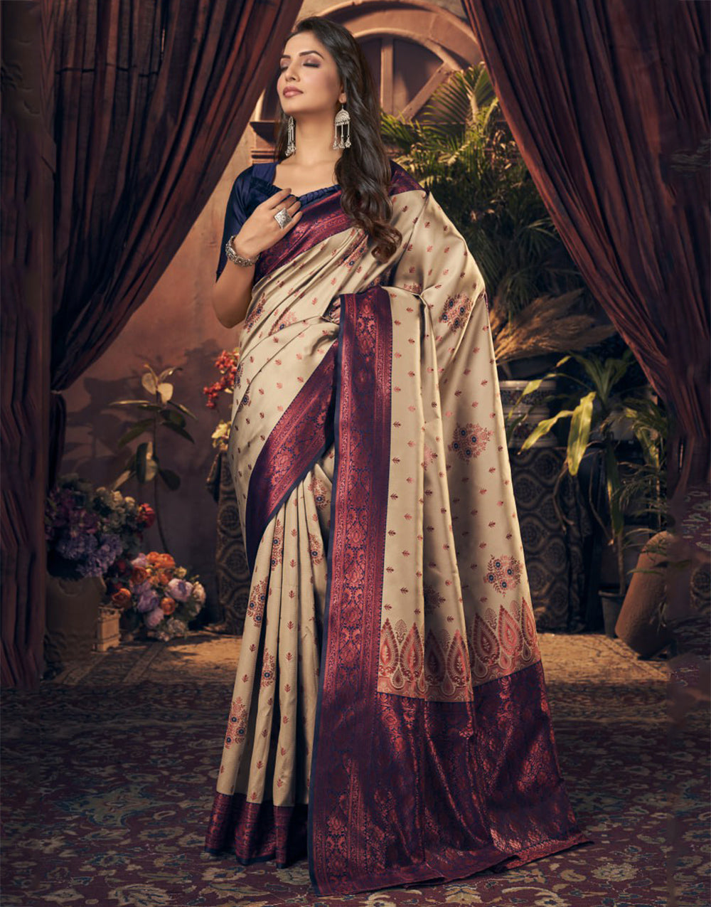 Cream Banarasi Silk Saree With Zari Weaving Work