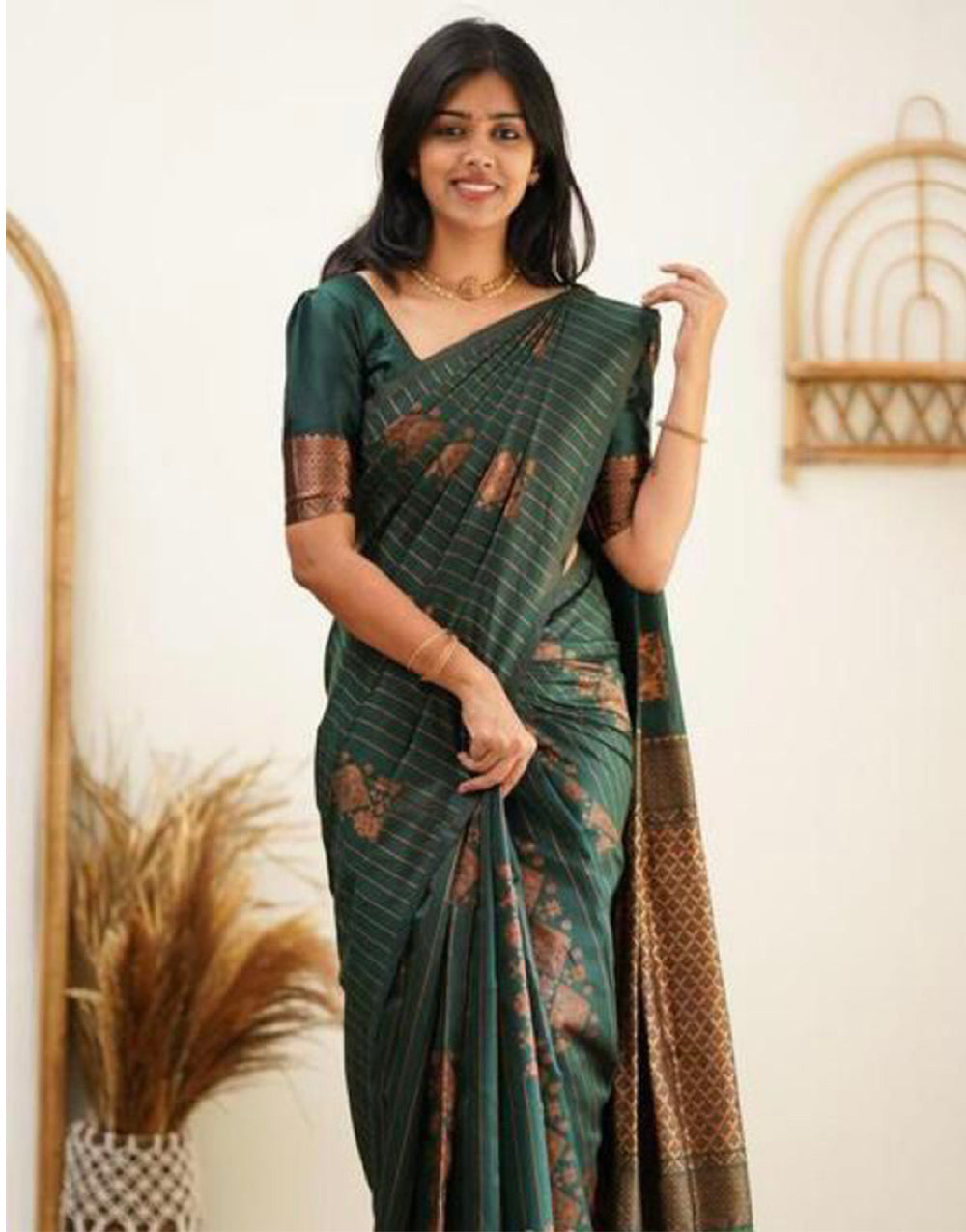 Dark Green Silk Saree With Weaving Work