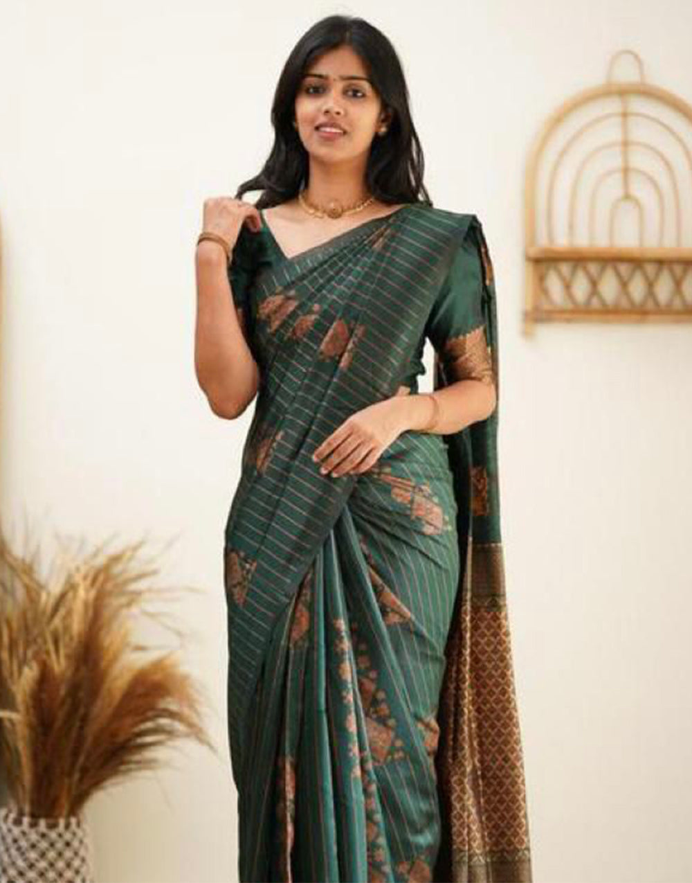 Dark Green Silk Saree With Weaving Work