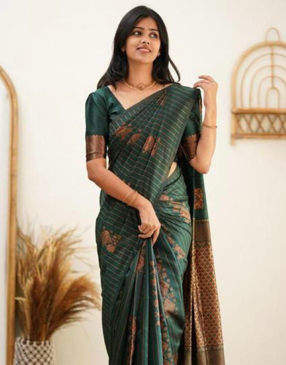 Dark Green Silk Saree With Weaving Work