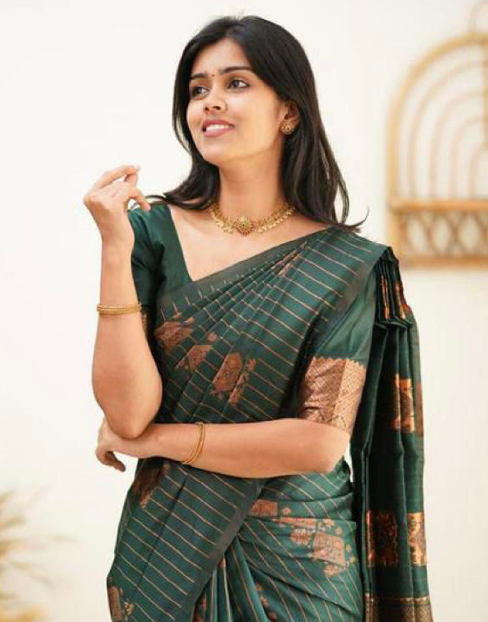 Dark Green Silk Saree With Weaving Work