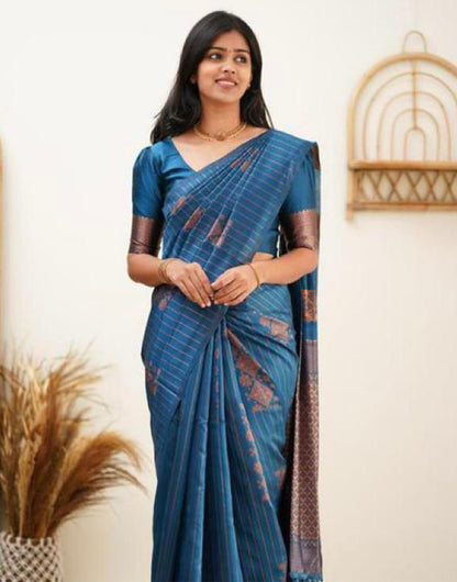 Steel Blue Silk Saree With Weaving Work