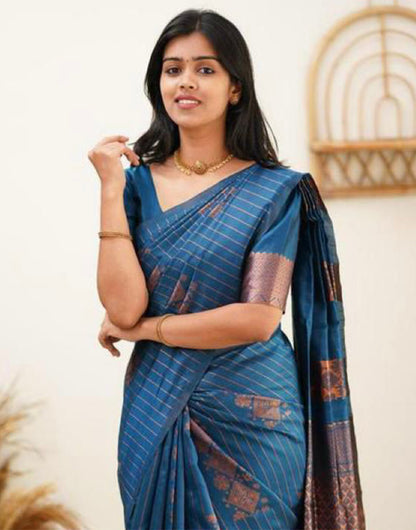 Steel Blue Silk Saree With Weaving Work