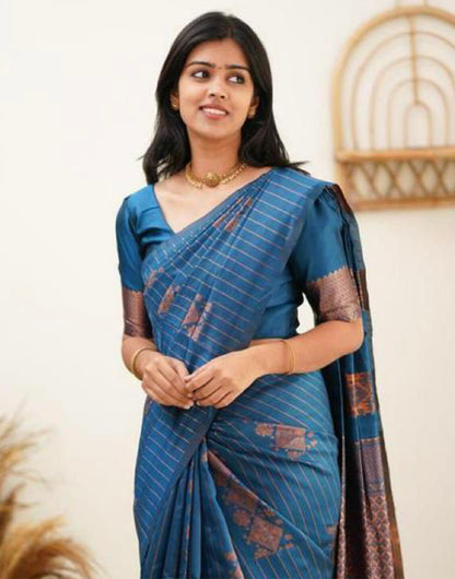 Steel Blue Silk Saree With Weaving Work