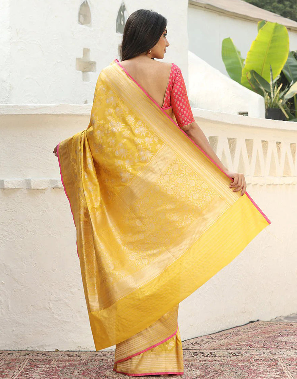 Saffron Yellow Banarasi Silk Saree With Zari Weaving Work