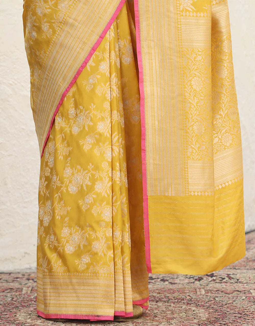 Saffron Yellow Banarasi Silk Saree With Zari Weaving Work
