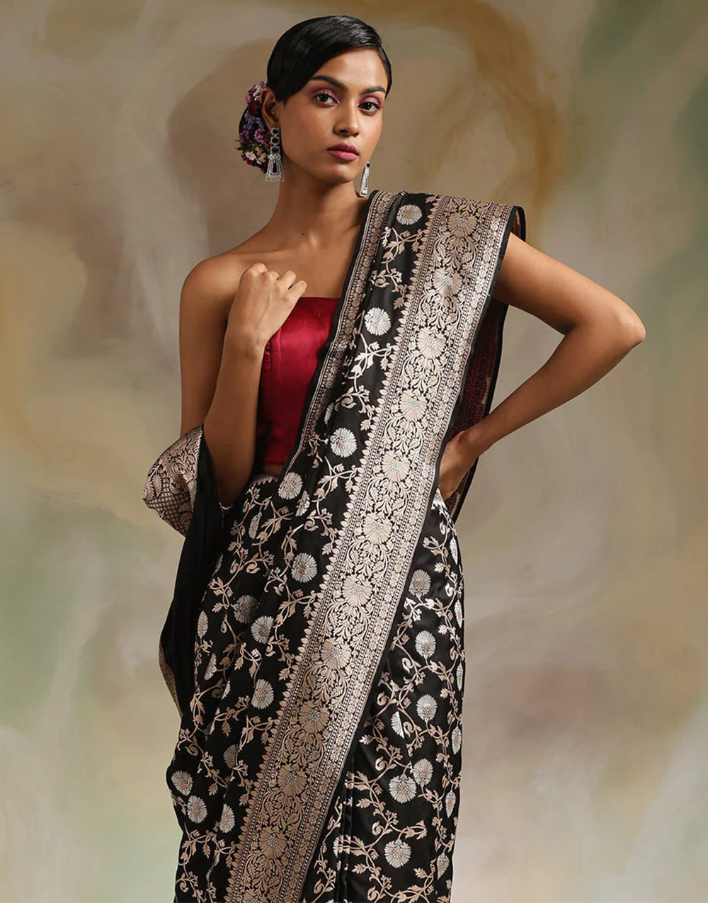 Black Banarasi Silk Saree With Zari Weaving Work