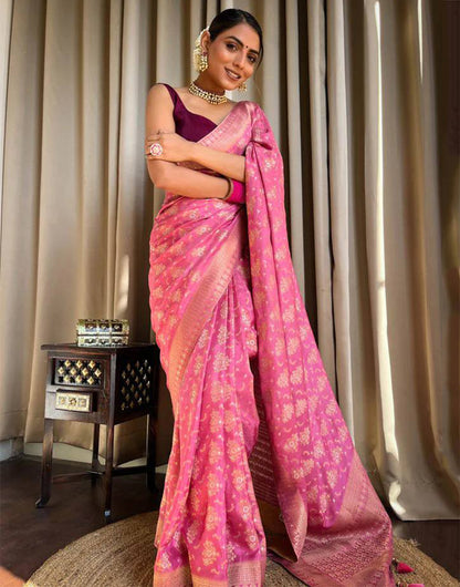 Hot Pink Banarasi Silk Saree With Zari Weaving Work