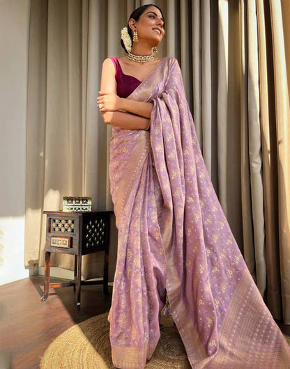 Lavender Pink Banarasi Silk Saree With Zari Weaving Work