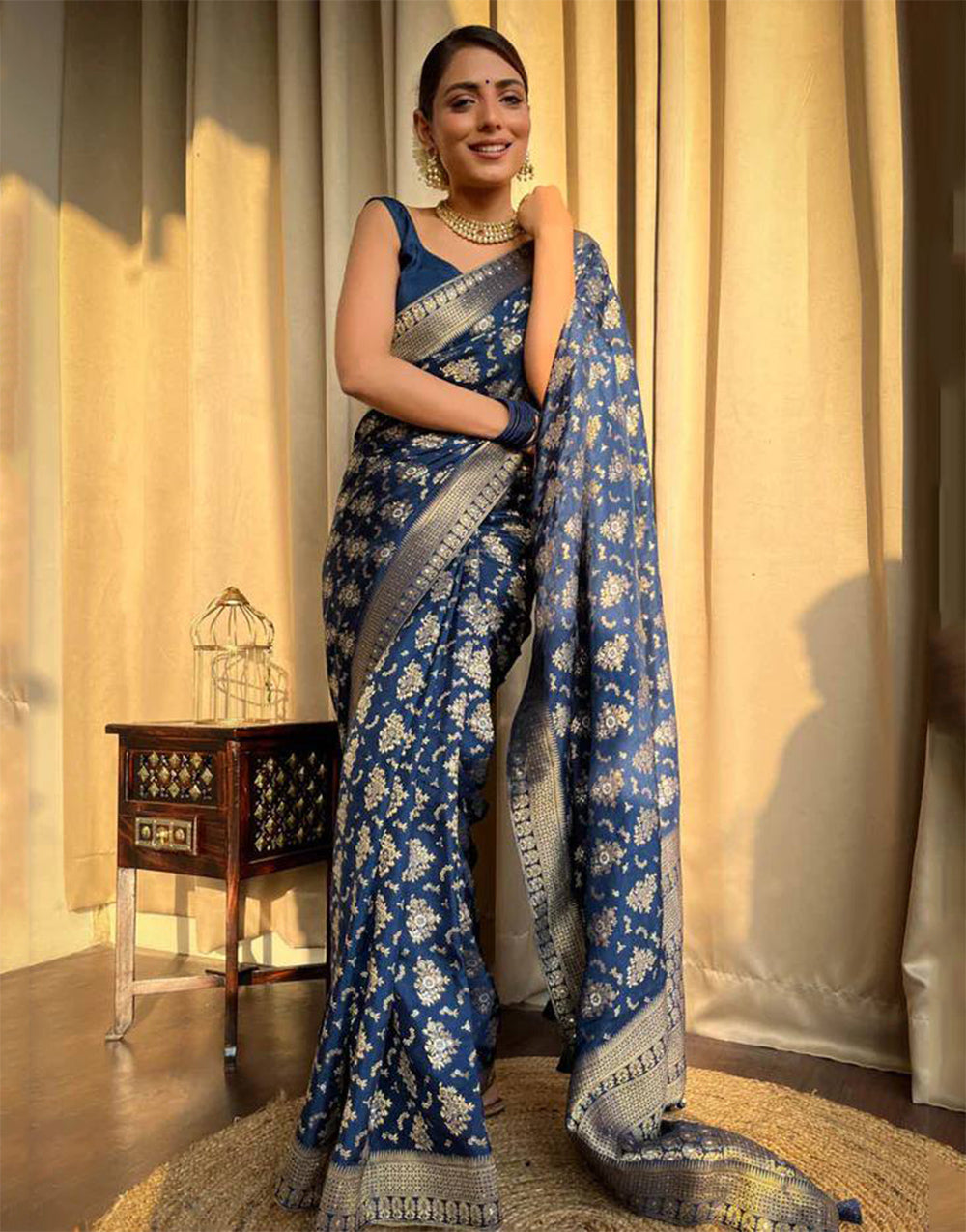 Navy Blue Banarasi Silk Saree With Zari Weaving Work