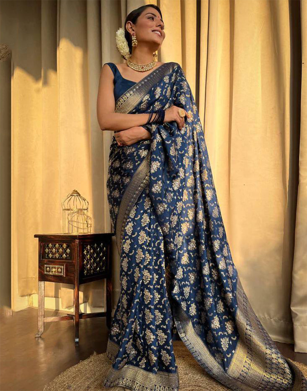 Navy Blue Banarasi Silk Saree With Zari Weaving Work