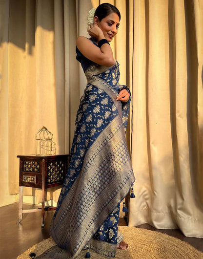 Navy Blue Banarasi Silk Saree With Zari Weaving Work