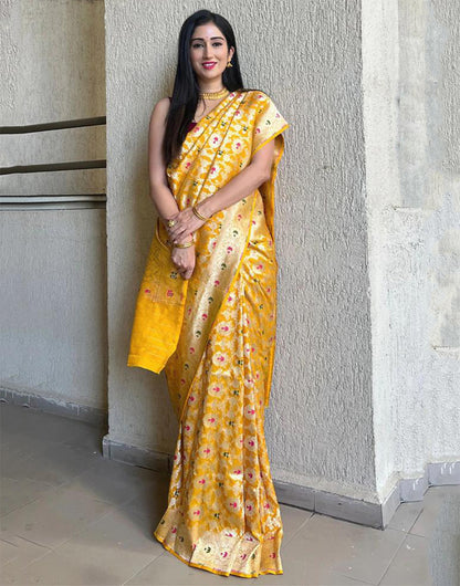 Mango Yellow Banarasi Silk Saree With Zari Weaving Work