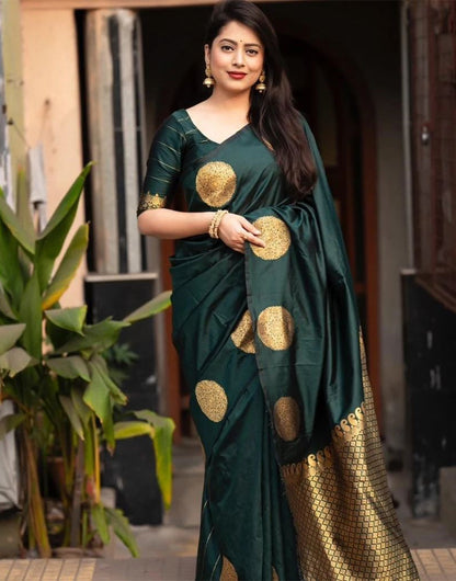 Dark Green Silk Saree With Zari Weaving Work