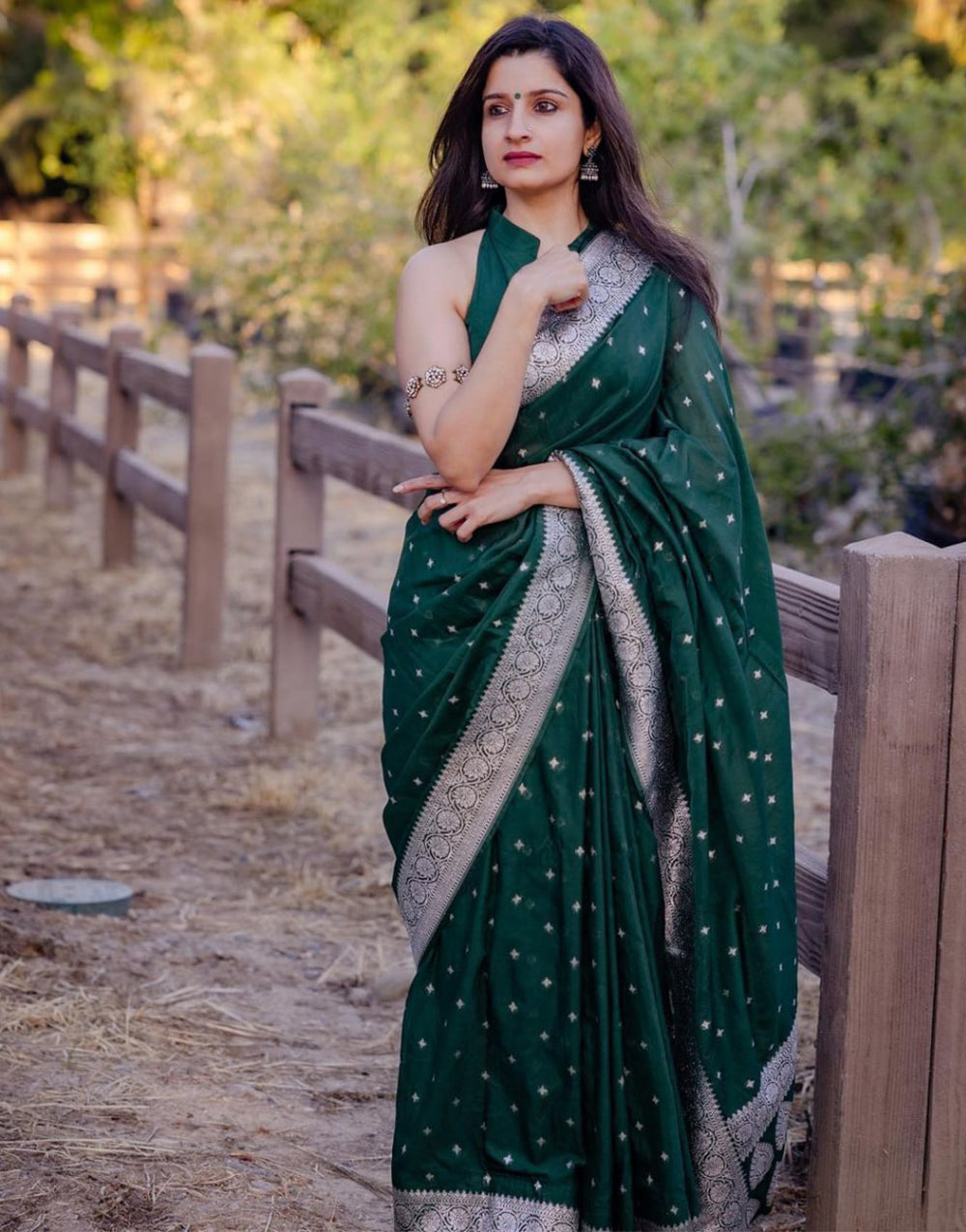 Dark Green Silk Saree With Weaving Work