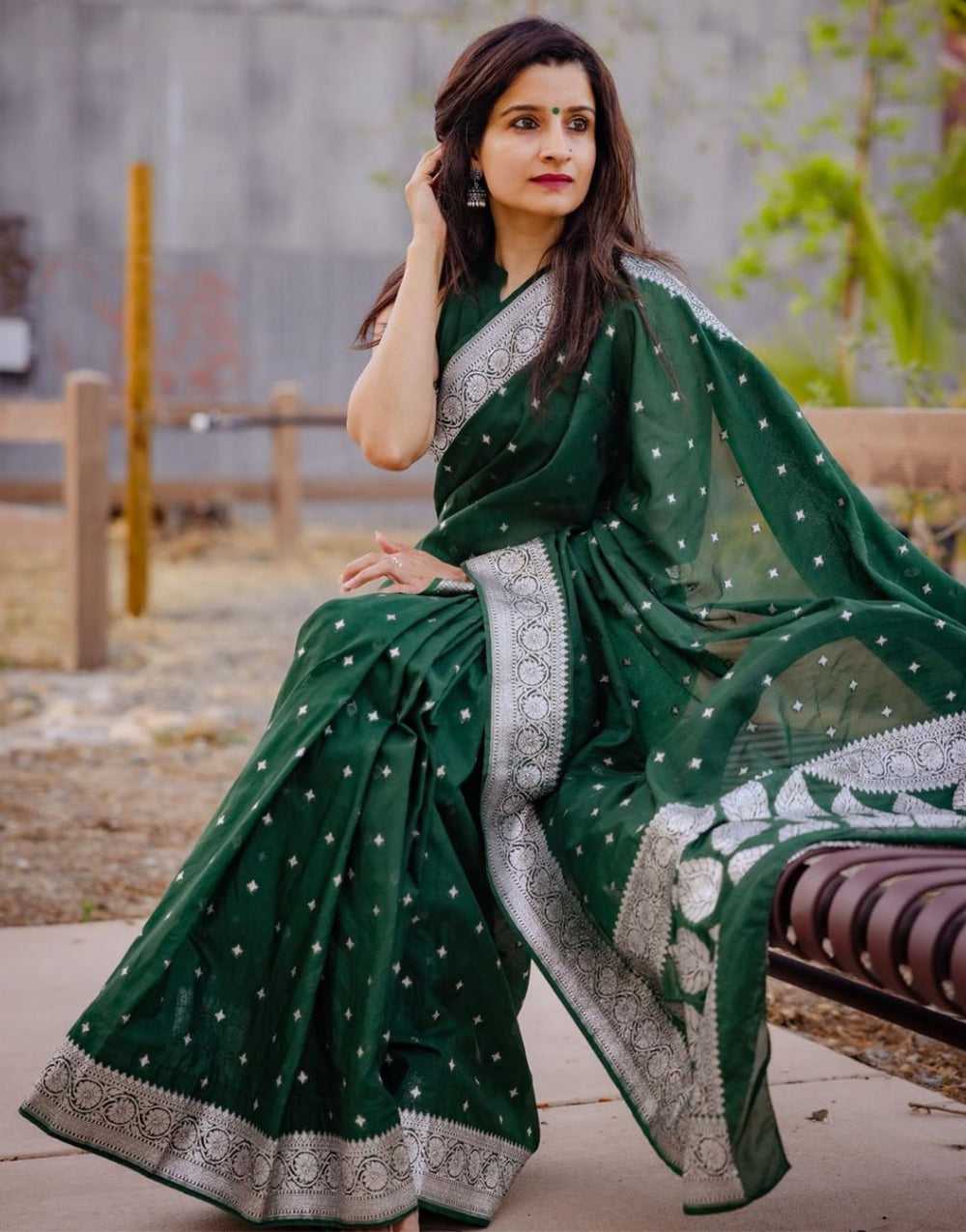 Dark Green Silk Saree With Weaving Work