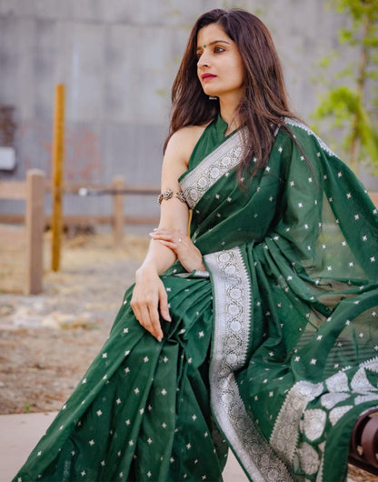 Dark Green Silk Saree With Weaving Work