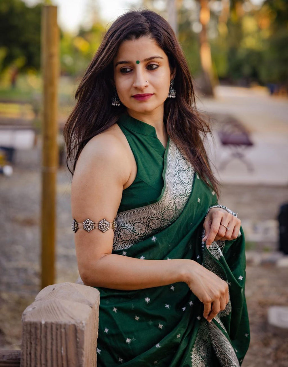 Dark Green Silk Saree With Weaving Work