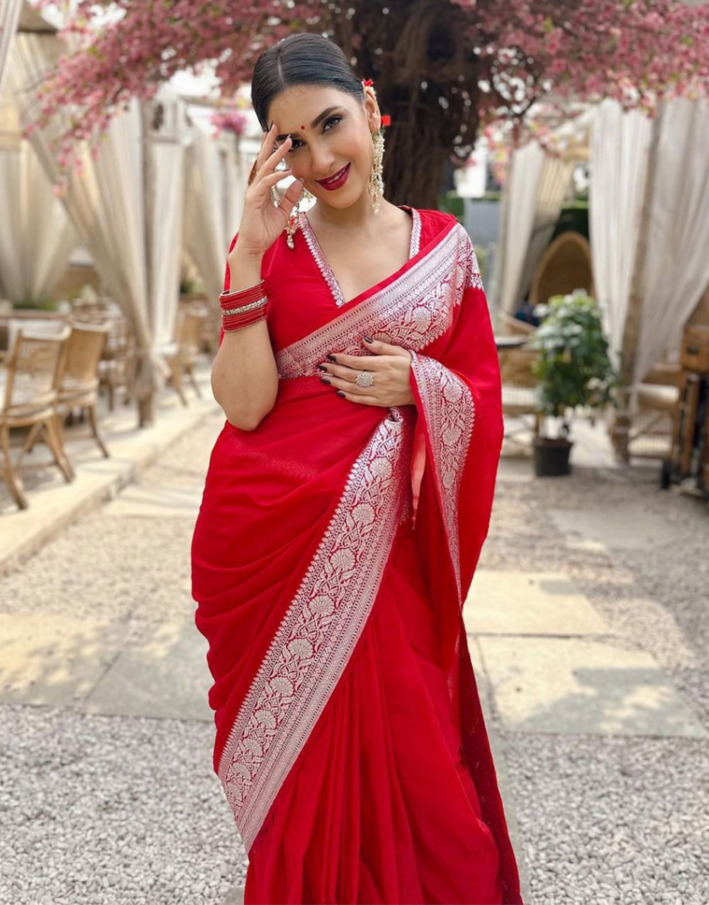 Neon Red Silk Saree With Weaving Work