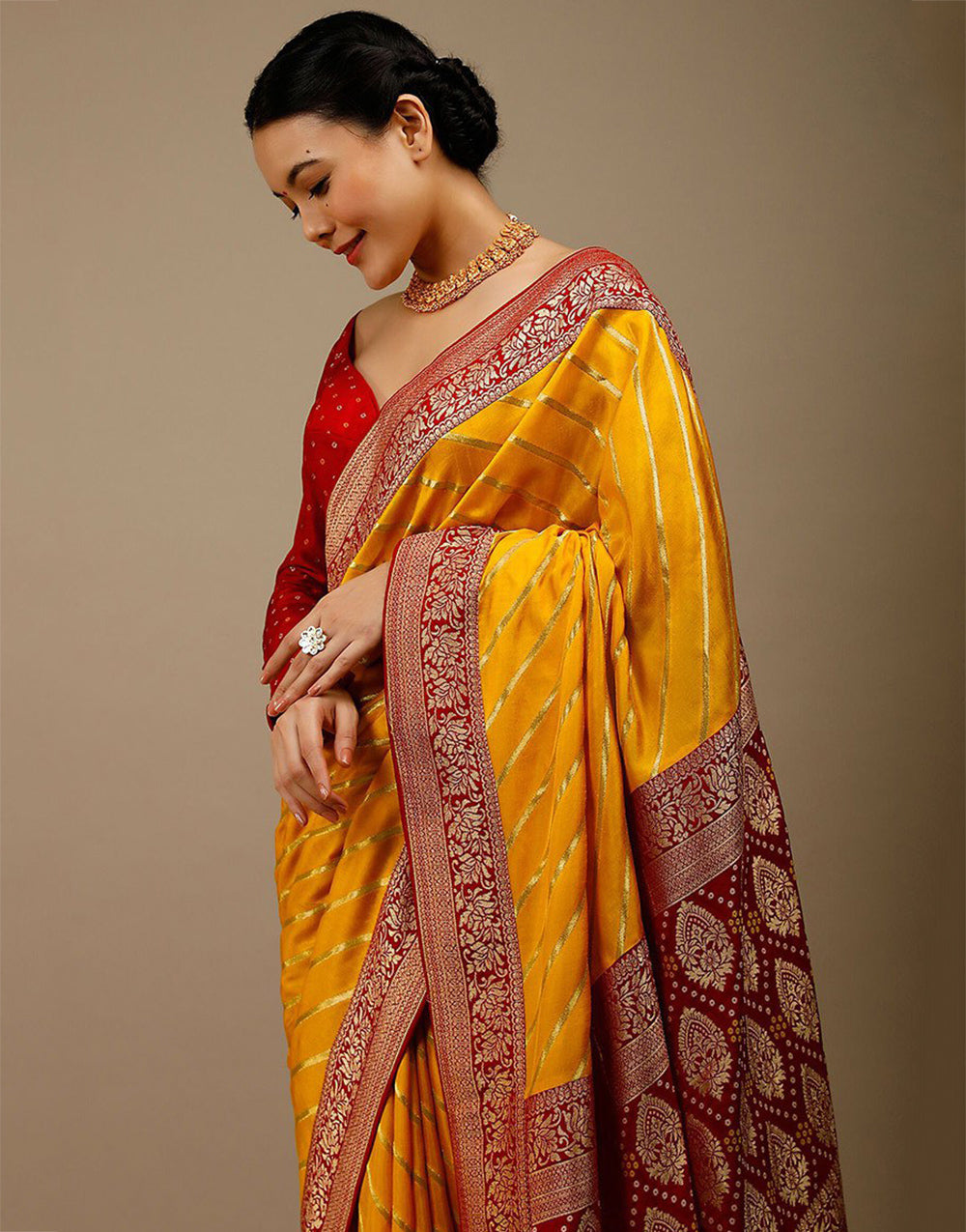 Golden Yellow Banarasi Silk Saree With Zari Weaving Work