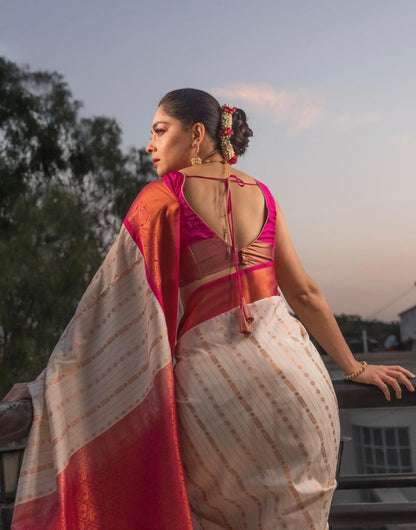 White & Pink Kanjivaram Silk Saree With Zari Weaving Work