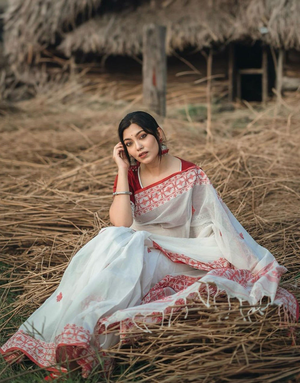 White Soft Linen Cotton Saree With Weaving Work