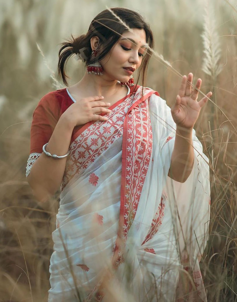 White Soft Linen Cotton Saree With Weaving Work