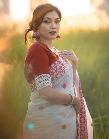 White Soft Linen Cotton Saree With Weaving Work