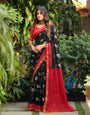 Black & Red Cotton Saree With Printed And With Pum Pum Border