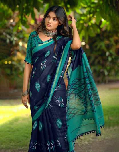 Dark Blue Cotton Saree With Printed And With Pum Pum Border