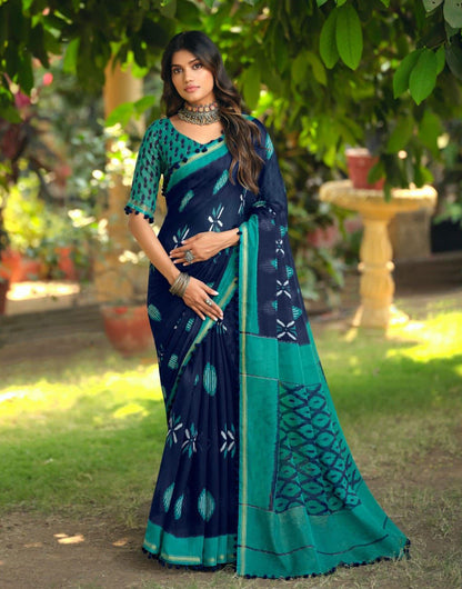 Dark Blue Cotton Saree With Printed And With Pum Pum Border