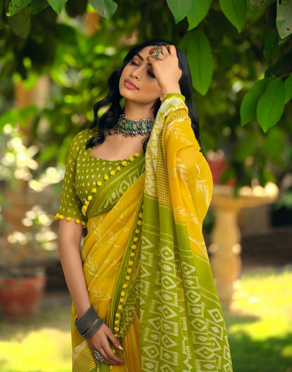 Golden Yellow & Olive Green Cotton Saree With Printed And With Pum Pum Border