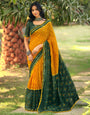 Fire Yellow & Dark Green Cotton Saree With Printed And With Pum Pum Border