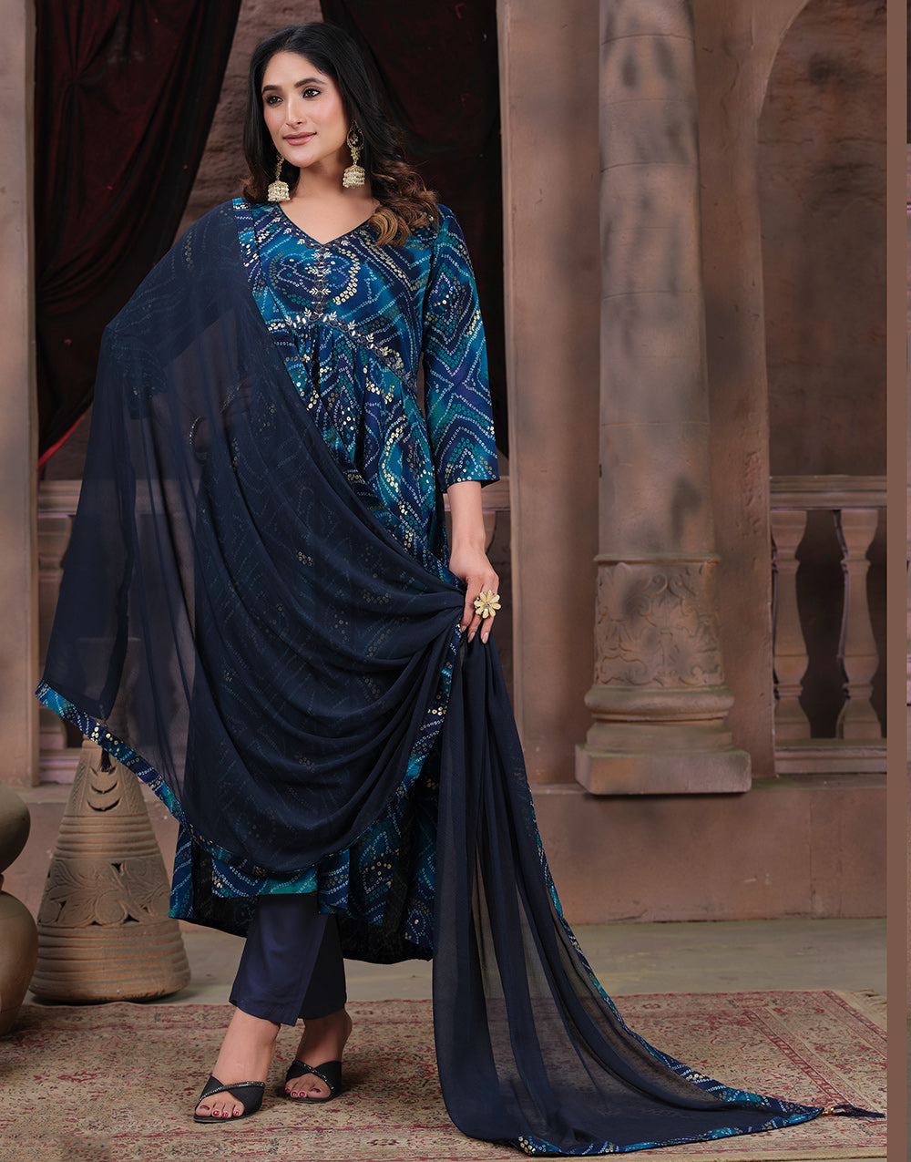 Blue Rayon With Handwork & Bandhani Printed Long Kurti