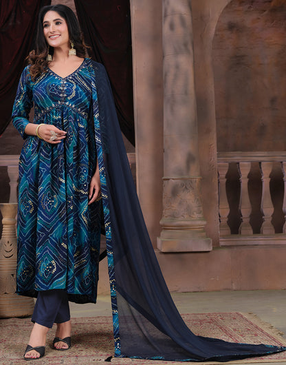 Blue Rayon With Handwork & Bandhani Printed Long Kurti